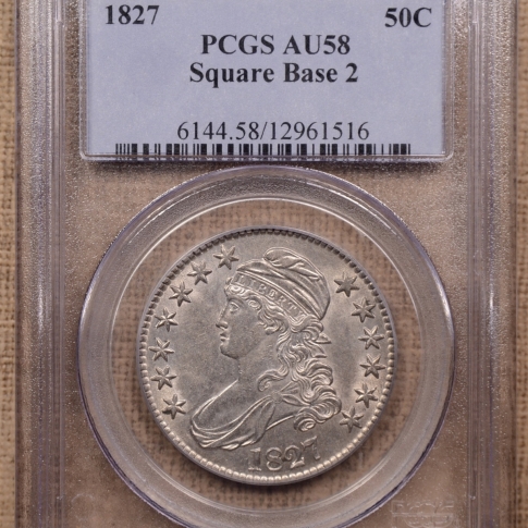 1827 50C O.104 Square Base 2 Capped Bust Half Dollar PCGS AU58