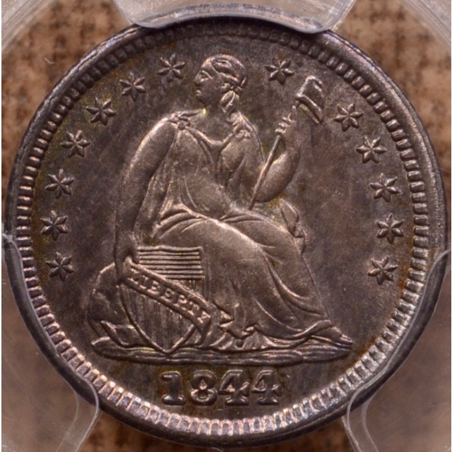 1844 V.3a Liberty Seated Half Dime, Normal Date, PCGS AU58 (CAC)