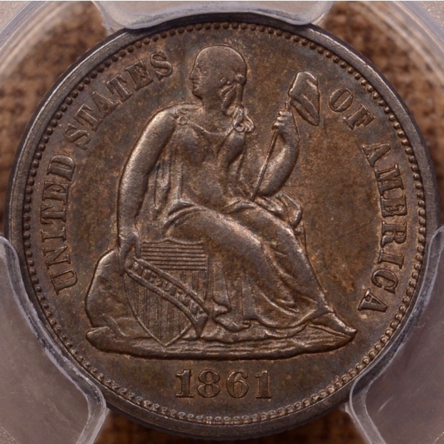 1861 Liberty Seated Dime PCGS AU58, a crusty, WOW coin