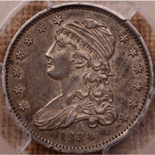 1834 B.1 O/F Capped Bust Quarter PCGS AU55 CAC