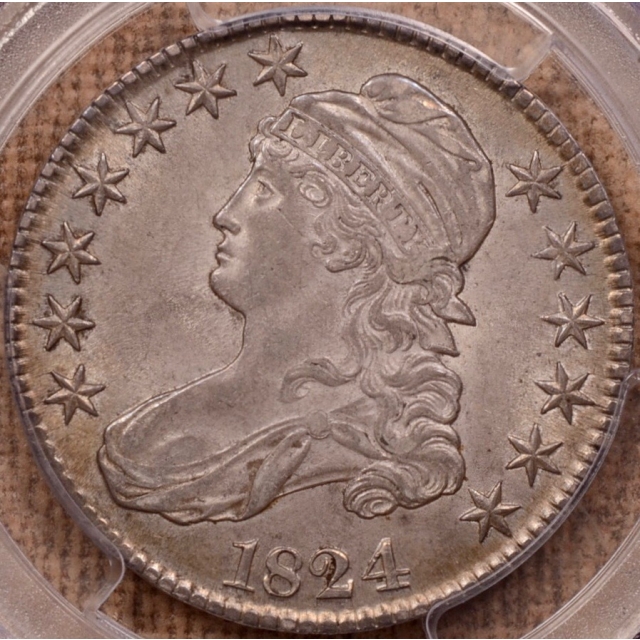 1824 O.115 Capped Bust Half Dollar PCGS AU58 CAC, EJ Collection