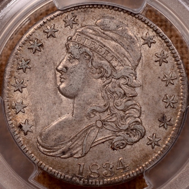 1834 O.105 Large Date, Small Letters Capped Bust Half Dollar PCGS AU53 (CAC)