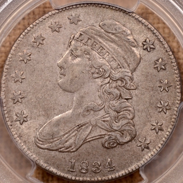 1834 O.115 Small Date, Small Letters Capped Bust Half Dollar PCGS AU50 (CAC)