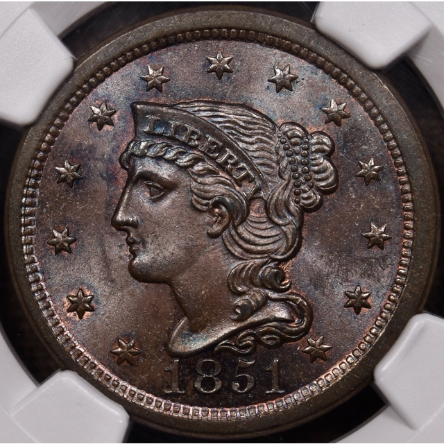 1851 Braided Hair Cent NGC MS64 BN CAC Wow!