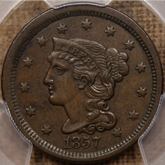 1857 Small Date Braided Hair Large Cent PCGS AU53 CAC