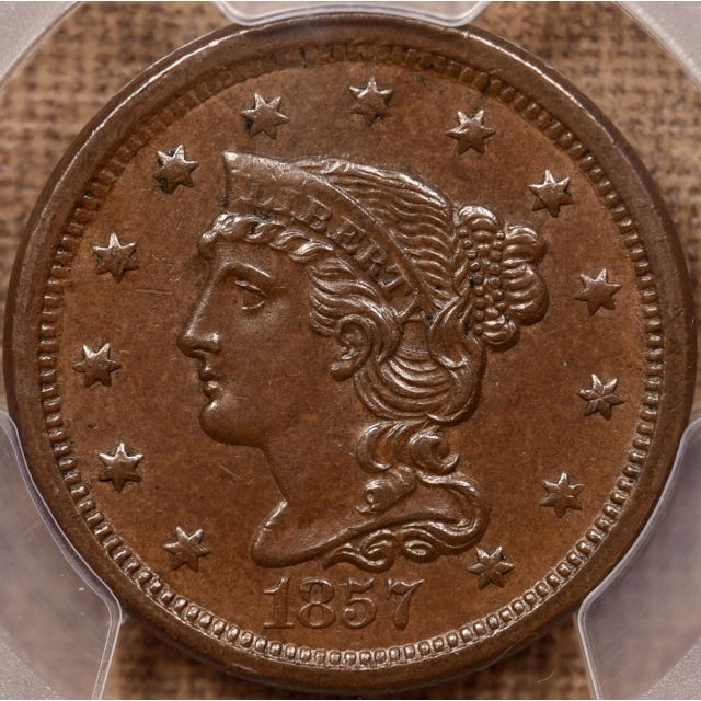 1857 N.2 Small Date Braided Hair Cent PCGS AU58+ CAC