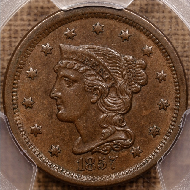 1857 Small Date Braided Hair Cent PCGS AU58 CAC