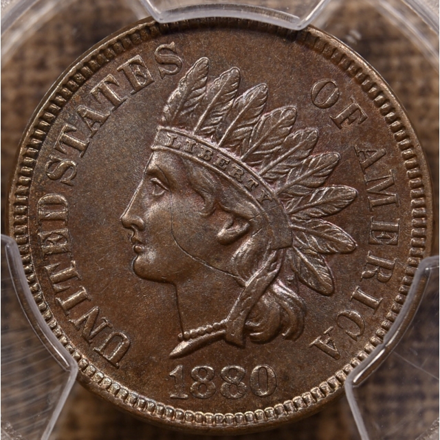 1880 Indian Cent PCGS MS62 BN, Interesting Strike Through