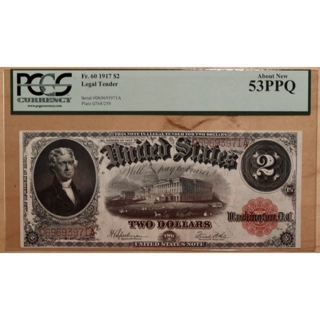 1917 FR# 60 United States Note Legal Tender Red Seal $2, PCGS AU53 PPQ