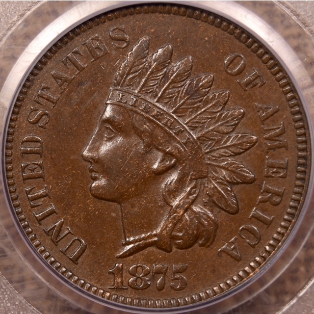 1875 Indian Cent PCGS AU58 CAC, Repunched 1