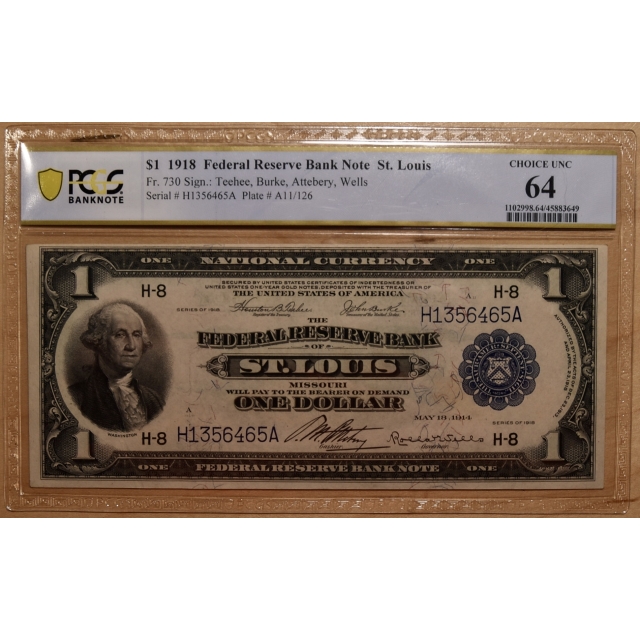 1918 FR# 730 $1 Federal Reserve Bank Note, St. Louis, PCGS MS64