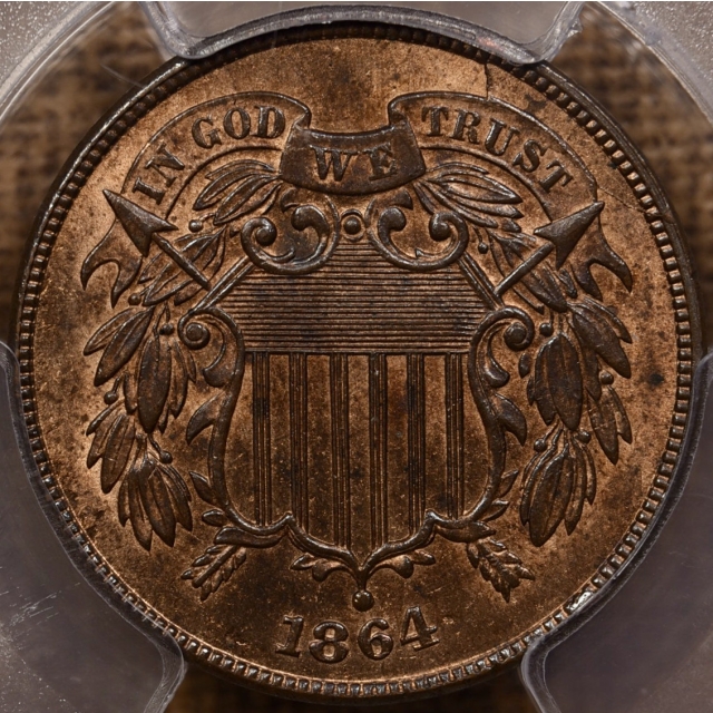 1864 Large Motto Two Cent Piece PCGS MS64 RB CAC, rotated reverse