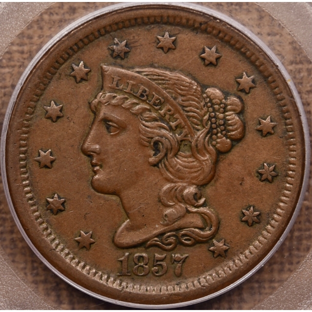 1857 Large Date Braided Hair Cent PCGS AU50 OGH CAC