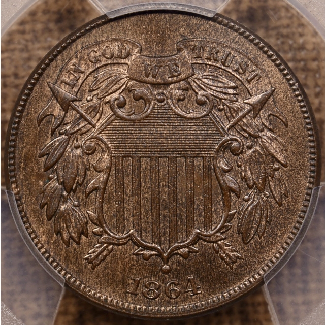 1864 Large Motto Two Cent Piece PCGS MS65 BN CAC