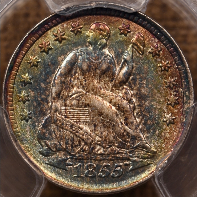 1855 Arrows Liberty Seated Half Dime PCGS AU58 CAC, outrageous toning!