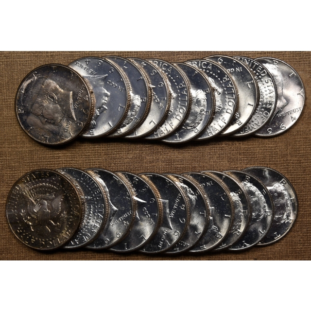 1964-P Choice BU Kennedy Half Dollar roll, Original End Toned Coins
