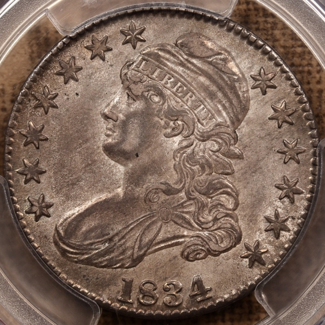 1834 O.101 Large Date, Large Letters Capped Bust Half Dollar PCGS AU58 CAC, ex. Graham, Hoosier