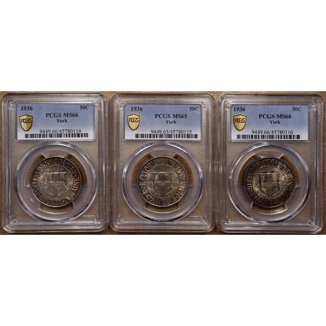 Set of 5 1936 York Silver Commems PCGS MS65 and 66, Consecutive Slab Numbers w/Original 5-coin holder