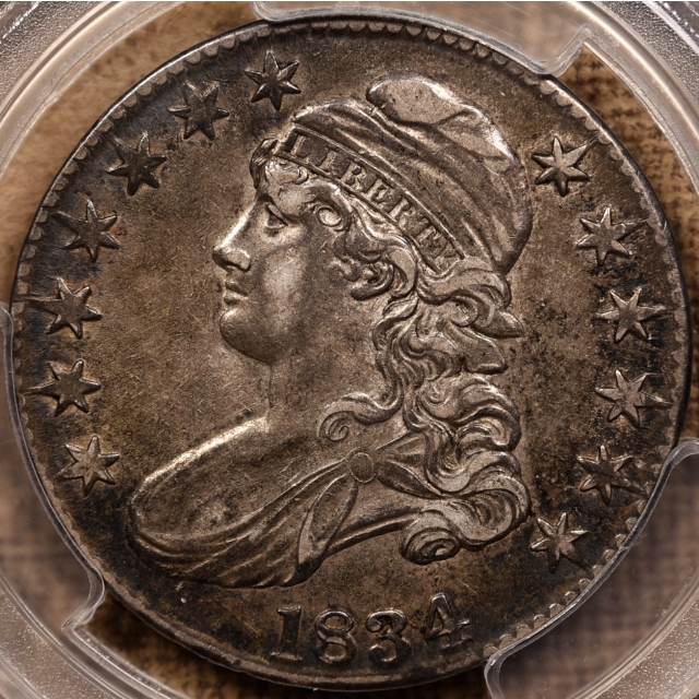 1834 O.101 Large Date, Large Letters Capped Bust Half Dollar PCGS AU53 CAC, ex. Bugert
