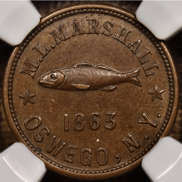 1862 F-695A-1a Oswego, NY, M.L. Marshall, Rare Coin NGC AU58 BN