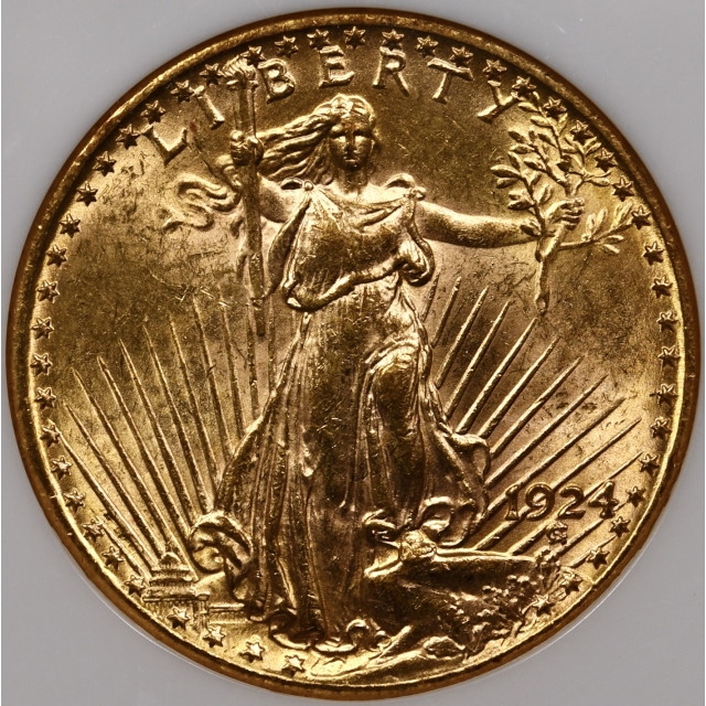 1924 $20 Saint Gaudens Double Eagle NGC MS62 CAC, No-Line Fatty