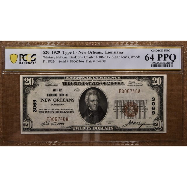 1929 $20 Type 1 National, New Orleans, LA Ch# 3069.3 PCGS Banknote MS64 PPQ
