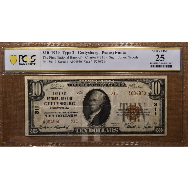 1929 $10 Type 2 National, Gettysburg, PA Ch# 311, PCGS Banknote VF25