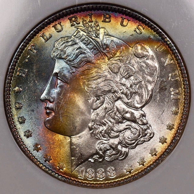 1888 Morgan Dollar NGC MS64, obverse bag rainbow!