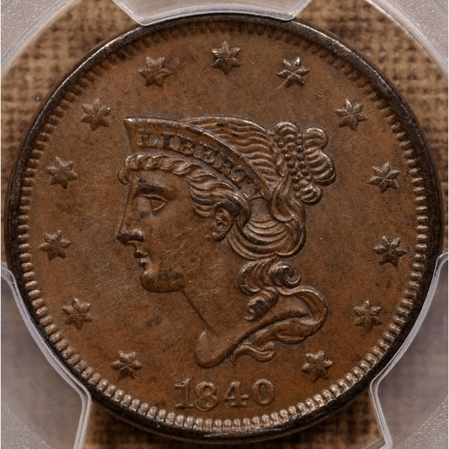 1840 N.2 Small Date Small / Large 18 Braided Hair Cent PCGS AU58 CAC