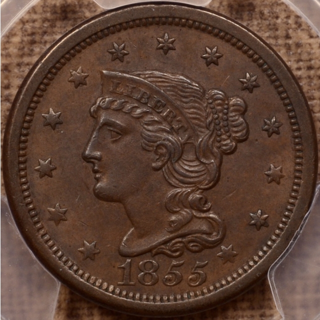 1855 N.10 Slanted 55 Braided Hair Cent PCGS AU58