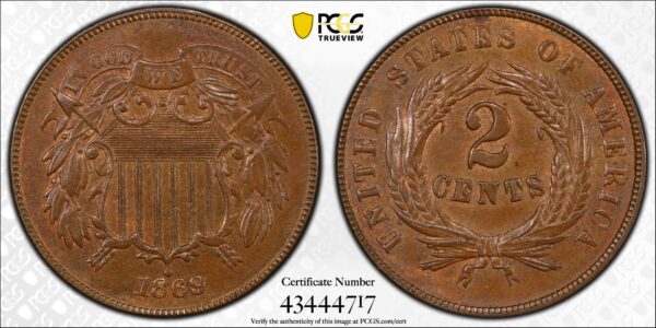 1869 Two Cent Piece PCGS AU58 CAC - Image 3