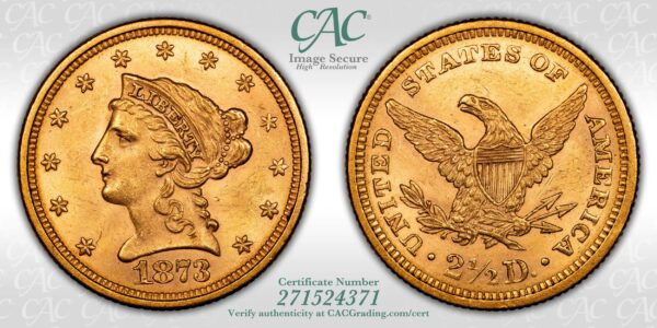 1873 $2.50 Open 3 Liberty Head Quarter Eagle CACG MS63 - Image 3