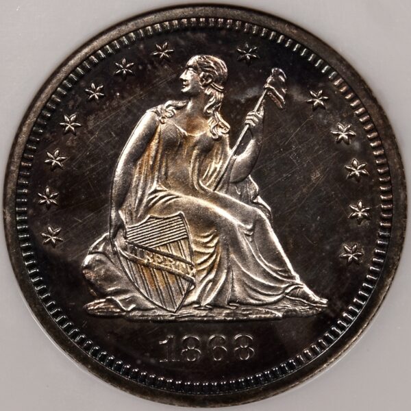 1868 Proof Liberty Seated Quarter NGC PR63 Fatty CAC