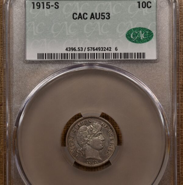 1915-S Barber Dime CACG AU53 - Image 3