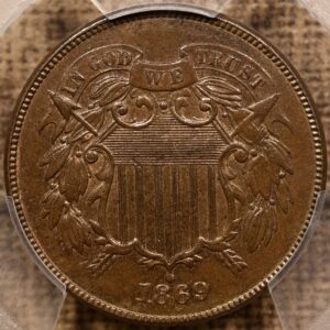 1869 Two Cent Piece PCGS AU58 CAC