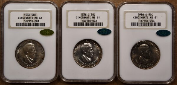 Set of 1936-P/D/S Silver Commemoratives NGC MS61 GOLD and GREEN CAC