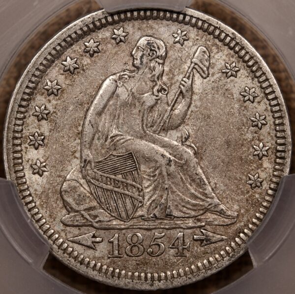 1854 Arrows Liberty Seated Quarter CACG XF45, We grade AU!