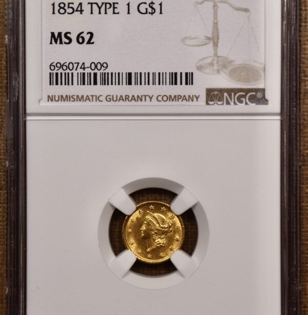 1854 Type 1 Gold Dollar NGC MS62 - Image 3