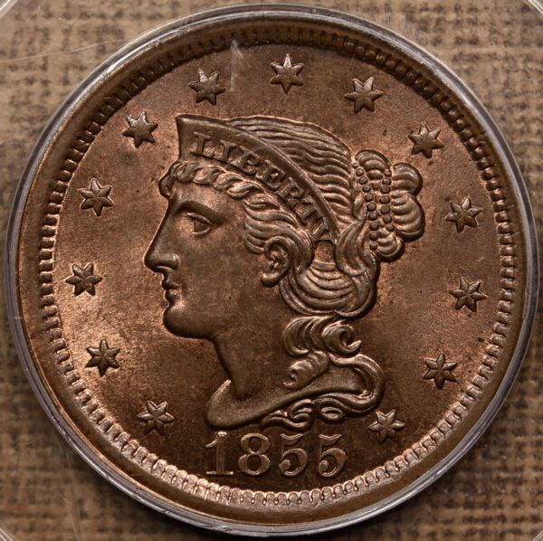 1855 N.12 Upright 5's Braided Hair Large Cent PCGS MS65 RB OGH