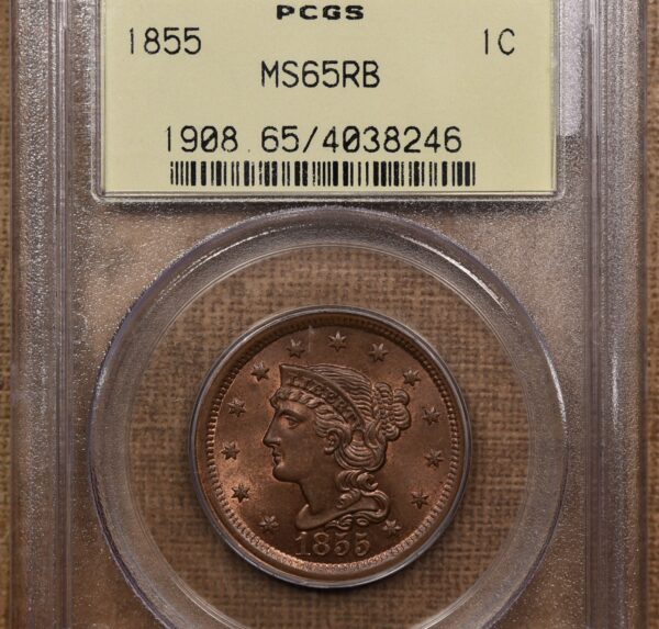 1855 N.12 Upright 5's Braided Hair Large Cent PCGS MS65 RB OGH - Image 3