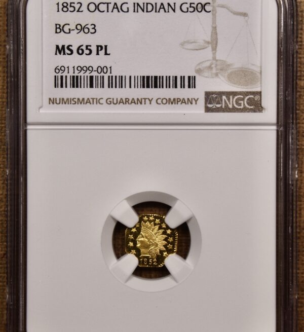 1852 BG-963 Octagonal Indian 1/2 Dol California Fractional Gold NGC MS65 PL - Image 5