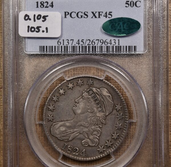 1824 O.105 Capped Bust Half Dollar PCGS XF45 CAC, ex. Brunner - Image 3