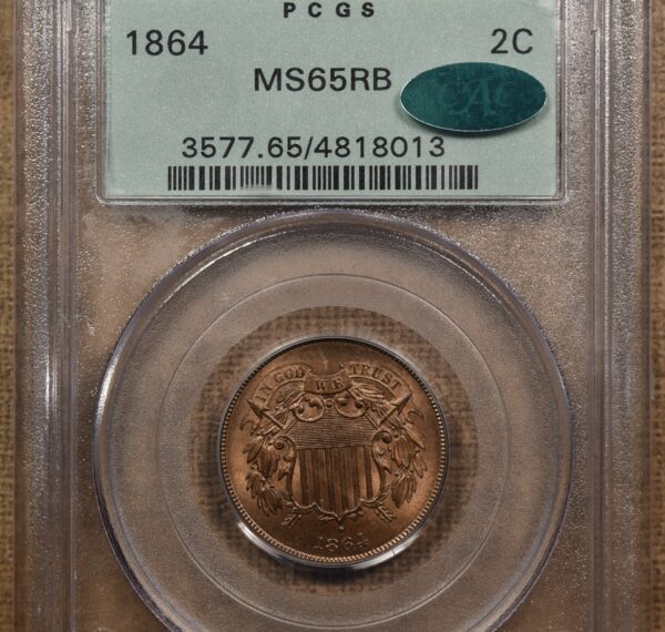 1864 Large Motto Two Cent Piece PCGS MS65 RB OGH CAC - Image 3