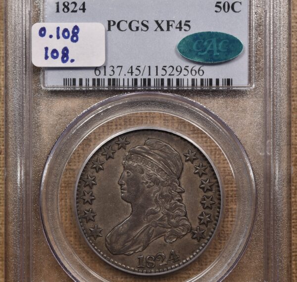 1824 O.108 Capped Bust Half Dollar PCGS XF45 CAC, ex. Brunner - Image 3