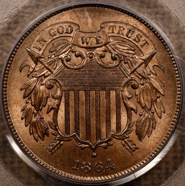 1864 Large Motto Two Cent Piece PCGS MS65 RB OGH CAC