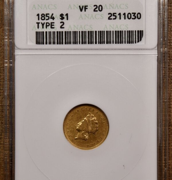 1854 Type 2 Gold Dollar old ANACS VF20 - Image 3