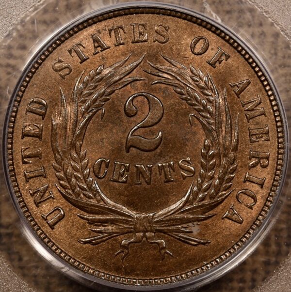 1864 Large Motto Two Cent Piece PCGS MS65 RB OGH CAC - Image 2