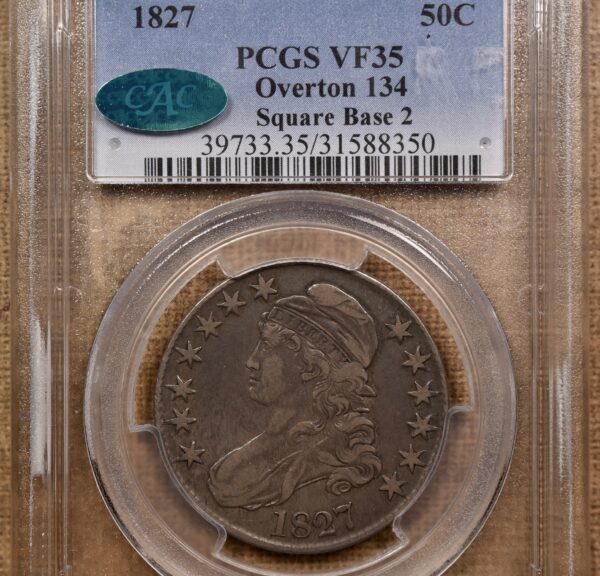 1827 O.134 R4- Square Base 2 Capped Bust Half Dollar PCGS VF35 CAC, ex. Brunner - Image 3