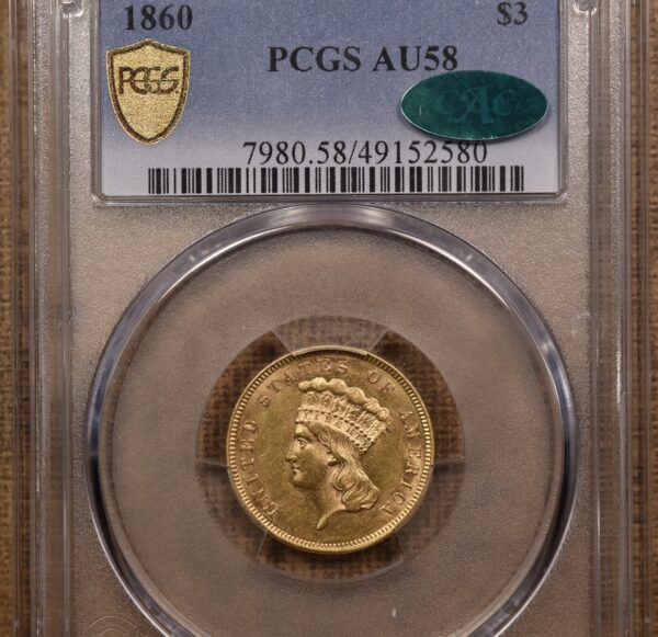 1860 $3 Dollar Gold PCGS AU58 CAC - Image 3