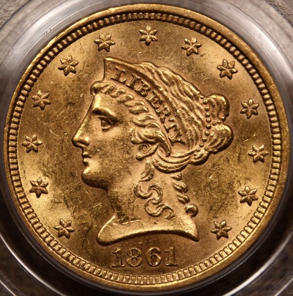 1861 $2.50 New Reverse Liberty Head Quarter Eagle PCGS MS61 CAC